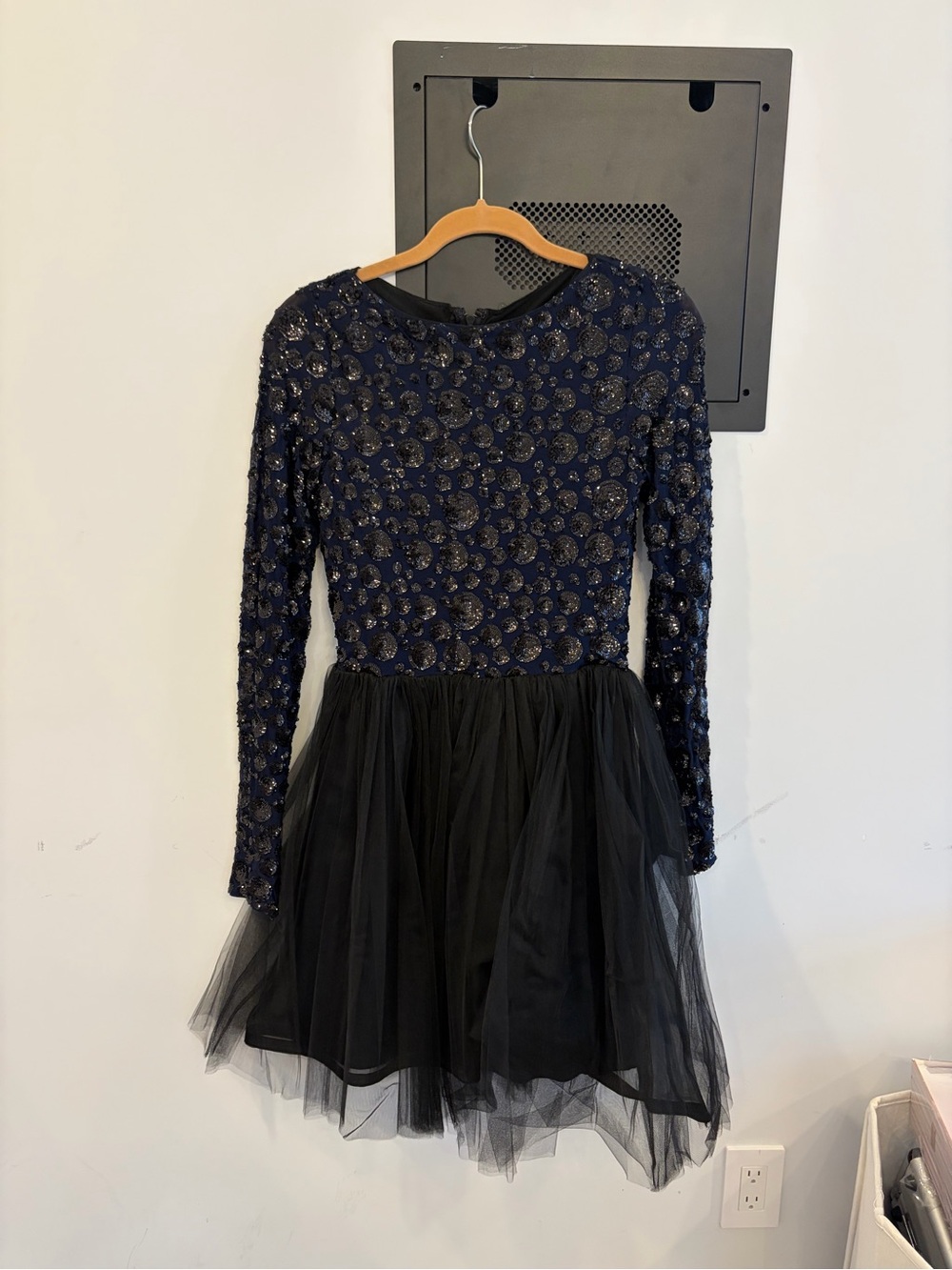 Alice + Olivia Navy Sequin and Black Tulle Mini Dress